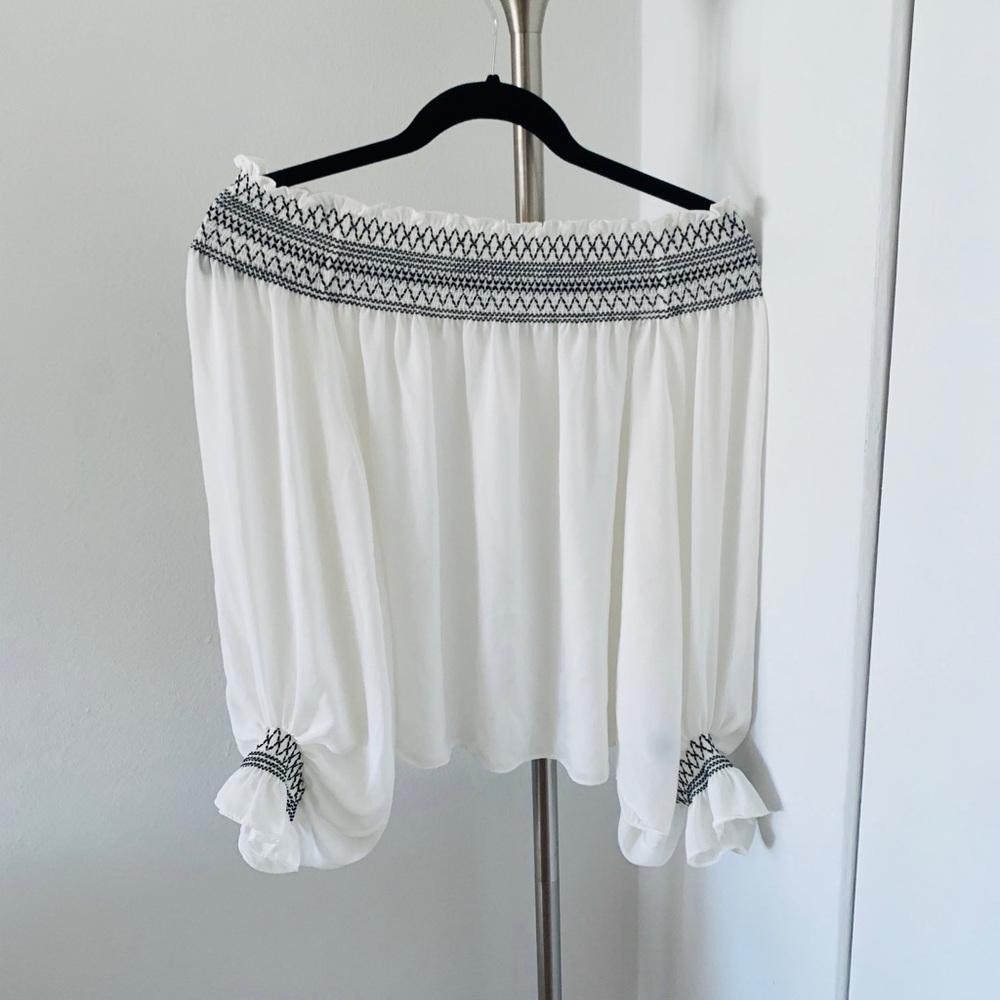 Off The Shoulder White And Patterned Chiffon Top - image 1